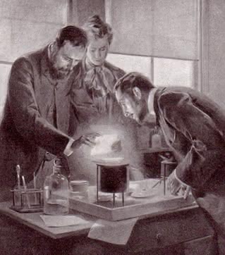 Państwo Curie demonstrują promieniowanie radu (obraz André Castaigne'a z 1903 r.).