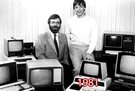 Bill Gates i Paul Allen w latach 80. i w roku 2013