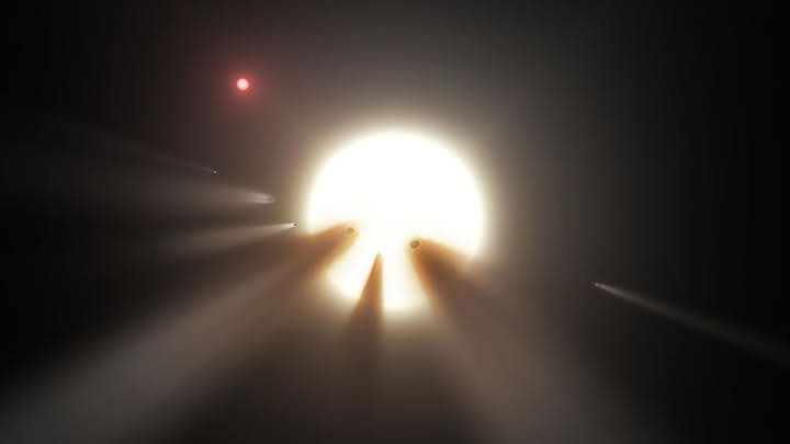 Wizualizacja hipotezy roju komet wokół KIC 8462852
