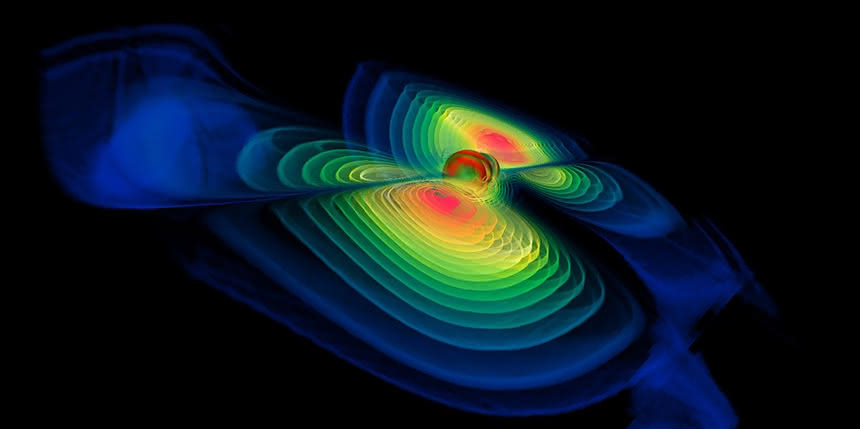 Poglądowy obraz fal grawitacyjnych powstających przy kolizji czarnych dziur