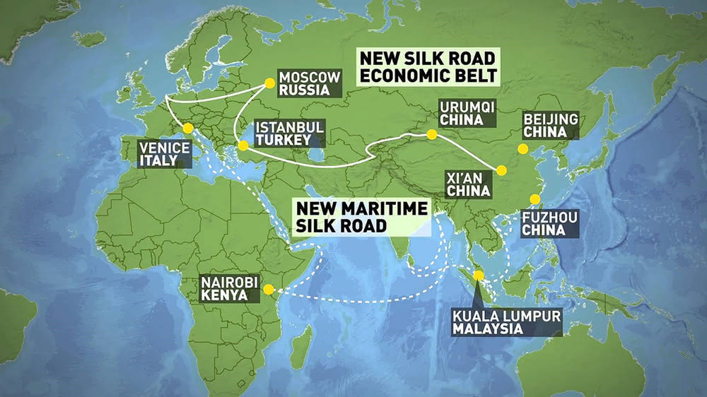 Wizualizacja projektu Belt and Road Initiative na mapie