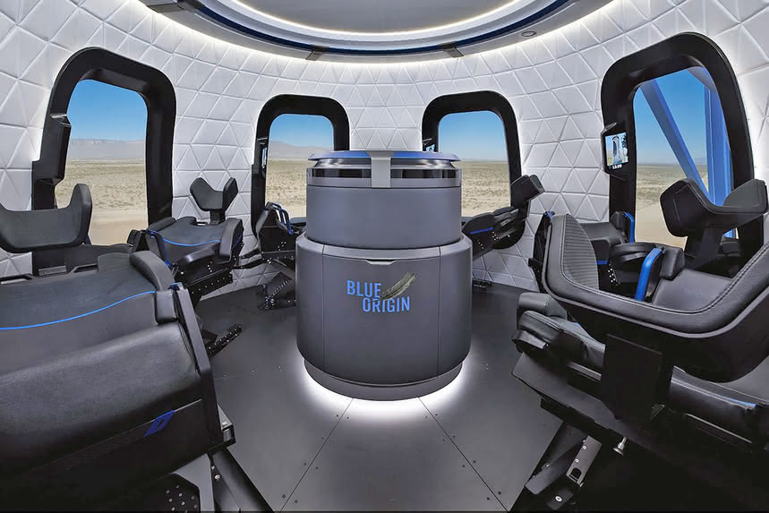 Wnętrze kabiny pasażerskiej statku Blue Origin – New Shepard
