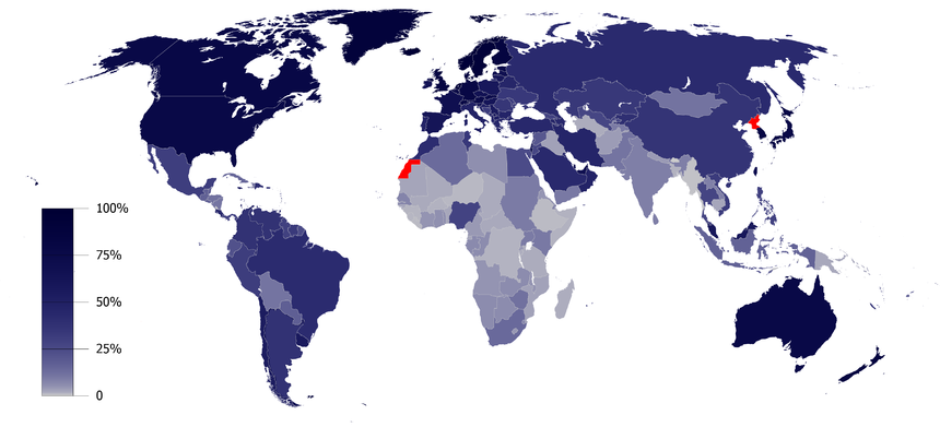 Rozpowszechnienie Internetu na świecie, w procentach ludności (źródło: Wikipedia)