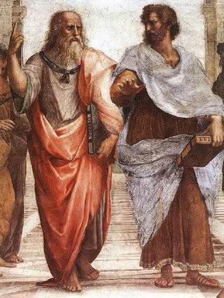 1. Fragment fresku Rafaela "Szkoła ateńska", przedstawiający Platona (z prawej, filozof ma rysy Leonarda da Vinci) i Arystotelesa