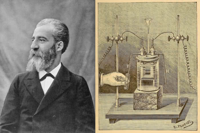 Henri Moissan (1852-1907) i szkic aparatury do otrzymywania fluoru, pochodzący z pracy odkrywcy. Sam Moissan twierdził, że fluor skrócił jego życie o dziesięć lat.